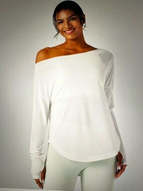 New with Tag! $40 Halara Off-Shoulder Long Sleeve Knit Top in White Yoga Sports